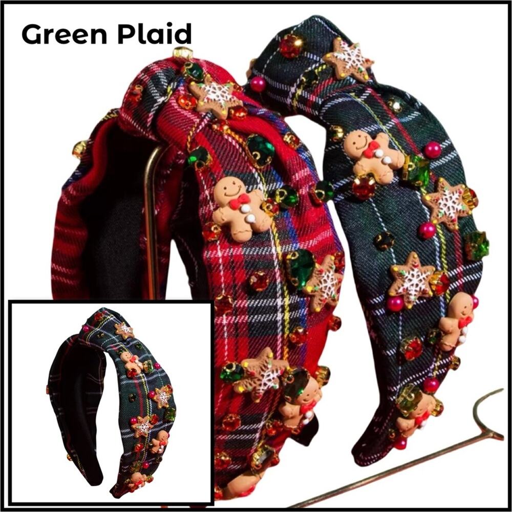 Fesvitive Holiday Gingerbread Green Plaid Headband $25